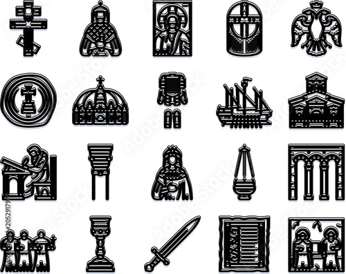Foto Byzantine empire themed concept icons presenting religious symbols, architecture