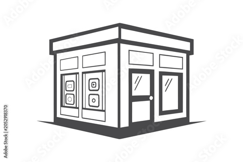 Vector storefront silhouette with a black tech overlay, representing digital transformation in retail.
