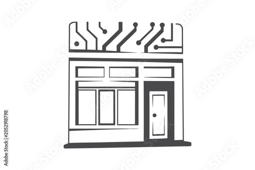 Modern Storefront Silhouette with Tech Overlay, Abstract Digital Design, Minimalist