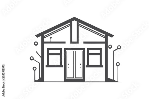 Sleek Storefront Silhouette with Digital Tech Overlay, Futuristic Abstract Graphics