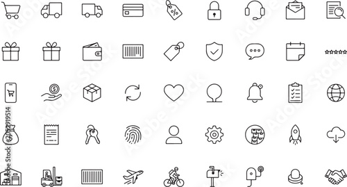 Vector Icons Collection: A comprehensive set of line art icons representing e-commerce, logistics, finance, communication, and business operations, perfect for digital interfaces and design projects.