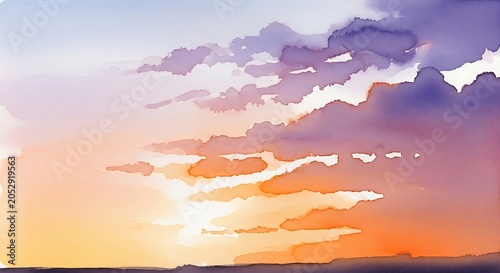 Watercolor Sunset Sky with Purple and Orange Clouds