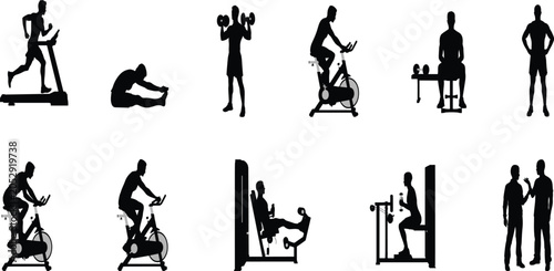 Bild auf Leinwand Fitness, gym, silhouette, vector, set, workout, exercise, athlete, treadmill, du