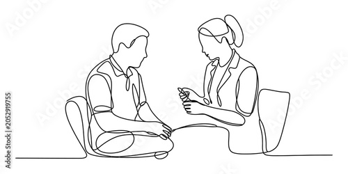 Man and woman sitting in chairs, talking, one holding a pen, minimalist line art