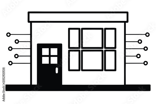 Sleek Storefront Silhouette with Integrated Tech Overlay, Modern Digital Art
