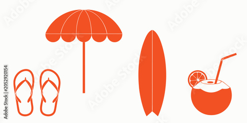 Fotografie Summer beach vacation essentials with surfboard, umbrella, flip flops, and cocon
