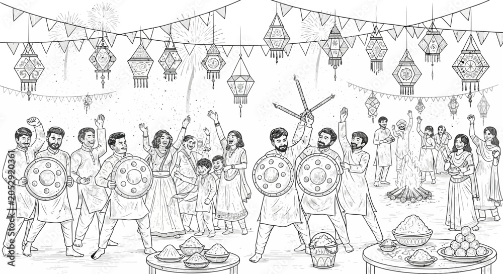 Obraz premium Traditional Onam festival line art with flower carpets and dance.