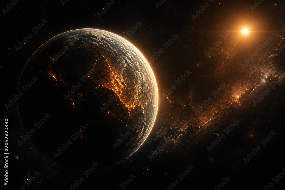 Obraz premium A large, fiery planet orbits near a bright star within a dark, starry galaxy.