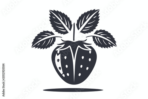 Single Strawberry with Leaves, Clean Vector Graphic, Isolated on White