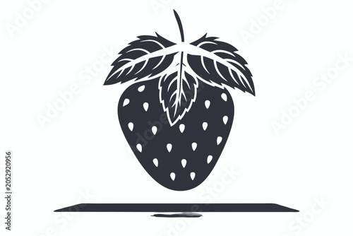 Juicy Strawberry with Green Leaves, Simple Vector Art, Isolated on White