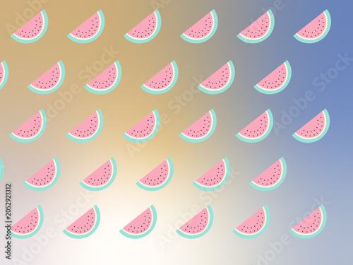 Vibrant summer pattern background featuring neatly arranged rows of 3D style watermelon slices over a pastel gradient field