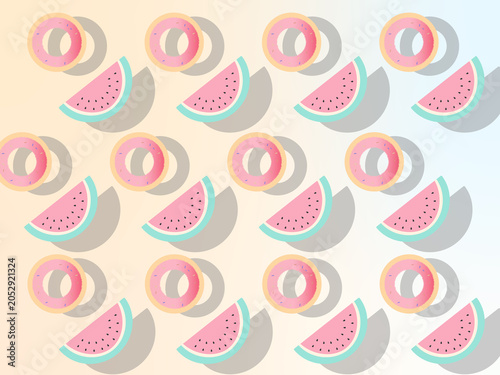 Playful summer background illustration featuring a continuous grid pattern of 3D watermelon slices and pink pool floats