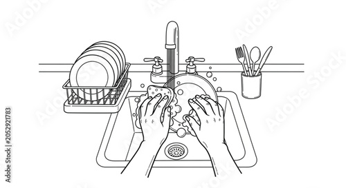 Hands washing dishes in sink.