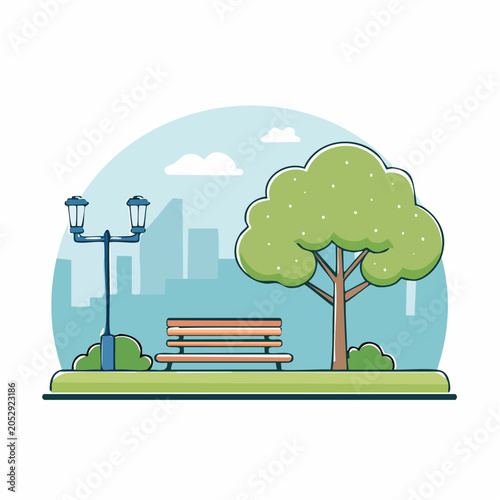 Park Scene with Bench, Lamp Post, and Tree