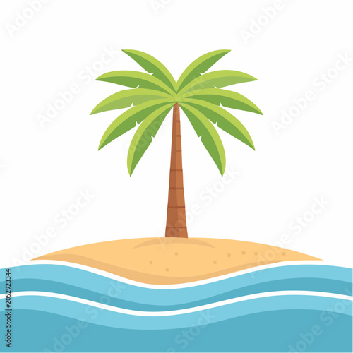 Tropical Island with Palm Tree and Ocean Waves