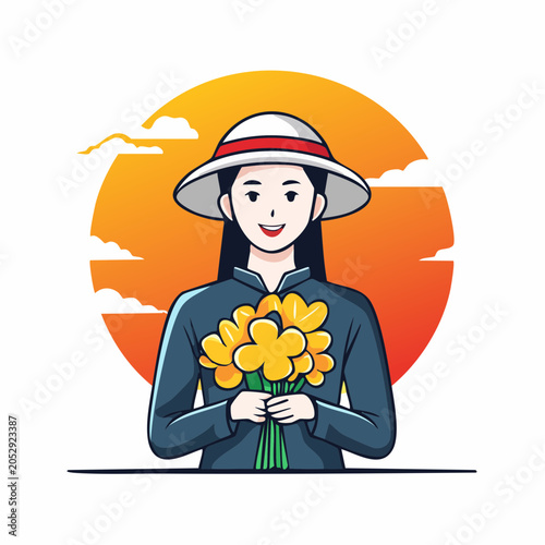 Woman in conical hat holding yellow flowers at sunset