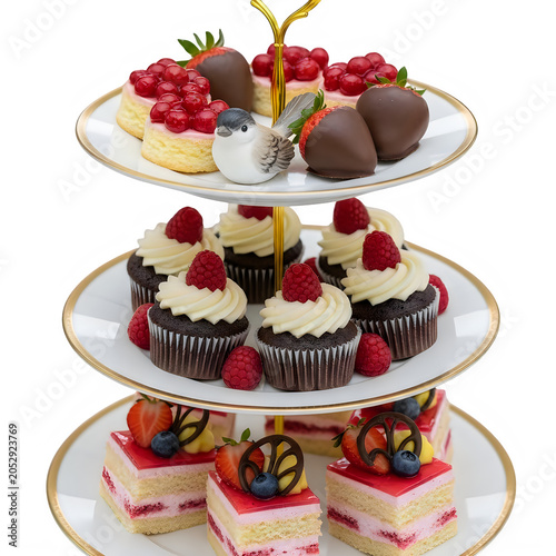 Three tiered stand with assorted fancy desserts and fresh berries