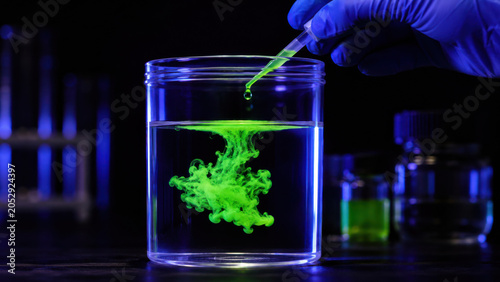 Laboratory scientist adding green fluorescent tracer dye into transparent water sample container for chemical analysis and environmental testing research experiment