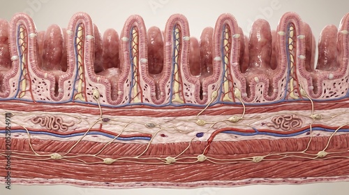 Anatomy illustration of intestinal villi and microscopic structure of tissue