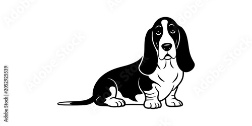 Фотография Cute basset hound dog sitting down black and white vector illustration Vector, i
