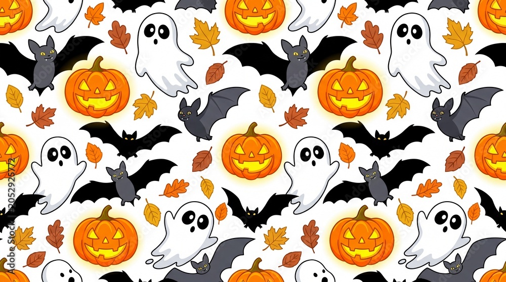 Fototapeta premium Halloween pattern with ghosts, pumpkins, bats, and leaves on white background 4k