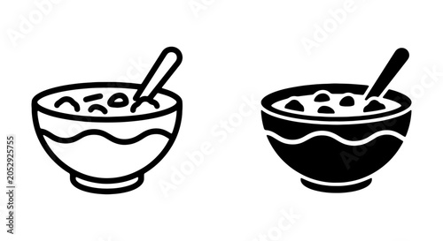 Foto Cereal bowl icons, breakfast porridge with spoon vector, healthy meal outline sy