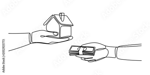 Canvastavla Continuous line drawing of a person selling a house for cash money to a buyer re