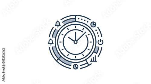 Circular clock interface with digital icons and data visualization elements.