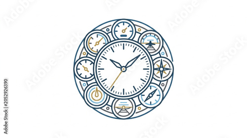 Фотография Circular clock with compasses and navigational instruments.