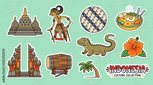 Bild auf Leinwand Colorful vector illustration set featuring iconic Indonesian cultural symbols in