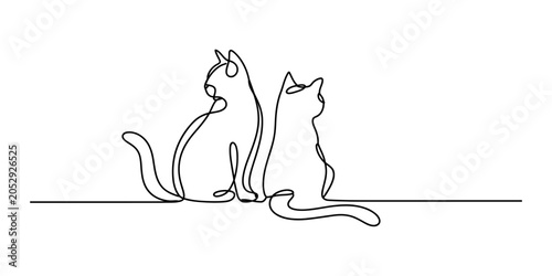 Two cute cats sitting together drawn with a single continuous line style for minimalist artistic design decor and simple creative pet animal illustration Vector, illustration