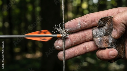Archer pulling back bowstring with arrow and protective finger tab, bowstring