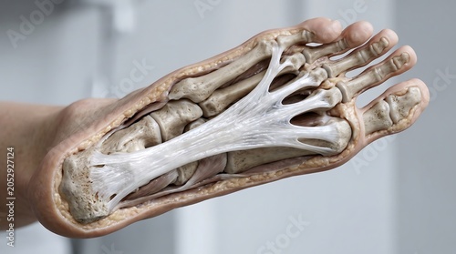 Human foot skeleton anatomy showing plantar fascia with skeleton, physiology