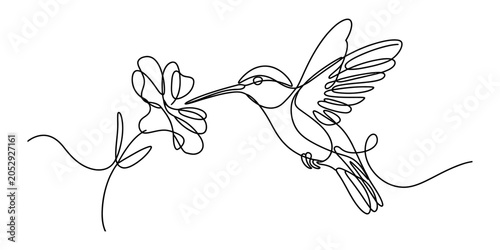 Cuadro en lienzo Continuous single line drawing of a flying hummingbird bird approaching a beauti