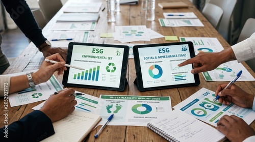 People gathered around a table, analyzing data on tablets and papers related to ESG (Environmental, Social, and Governance) factors.