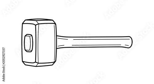 Simple black and white line art illustration of a heavy duty sledgehammer with a wooden handle and a large metal head for demolition.