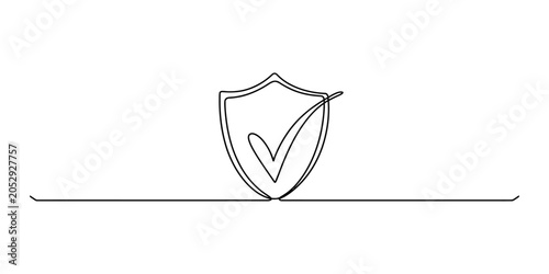 Continuous single line drawing of a security shield icon with a check mark inside representing protection and verified safety symbol for digital design Vector, illustration