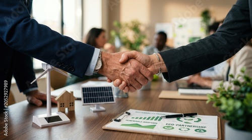 A business deal being sealed with a handshake, with renewable energy symbols on the table, suggesting an agreement for sustainable development.