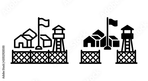 Foto Military base camp, army outpost, security checkpoint, war zone vector icon set