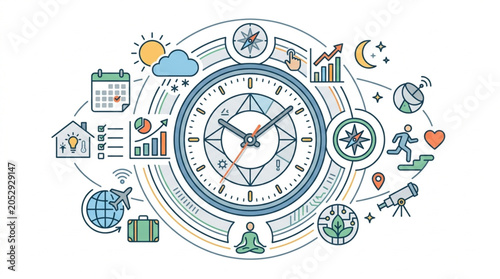 Foto Circular diagram with compass and icons representing time and life activities