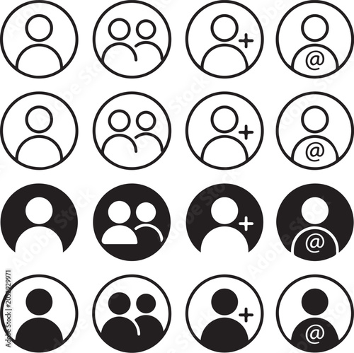 User profile icons set, avatar vector collection, person account symbols, member sign, group icons, team silhouette, people graphic set, human head and shoulders icons, outline and solid style, 