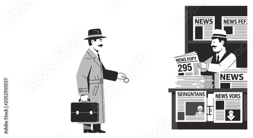 Εκτύπωση καμβά Man buys newspaper from street vendor, vintage style illustration, retro busines