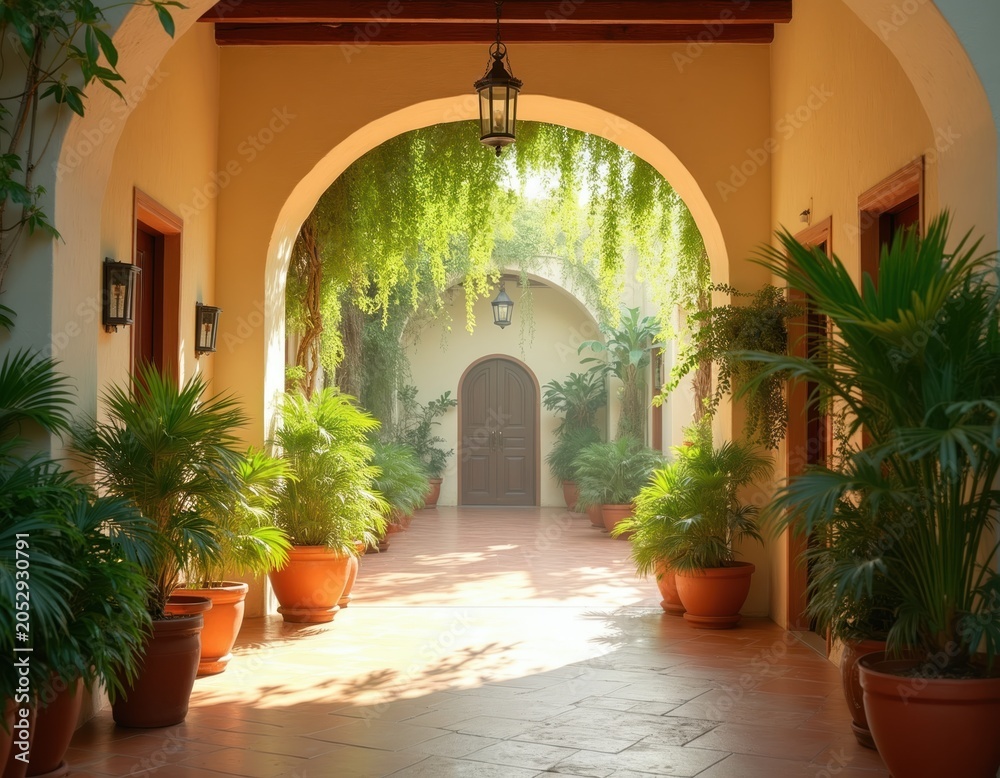 Fototapeta premium Sunlit arched walkway with rich green plants in terracotta pots. Shadows create patterns on tiled floor. Arches frame a distant door and verdant foliage.