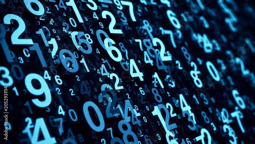 A dense grid of glowing blue numbers floating in a dark digital space, representing binary code, data streams, and information technology in a high-tech, futuristic, and complex computing environment