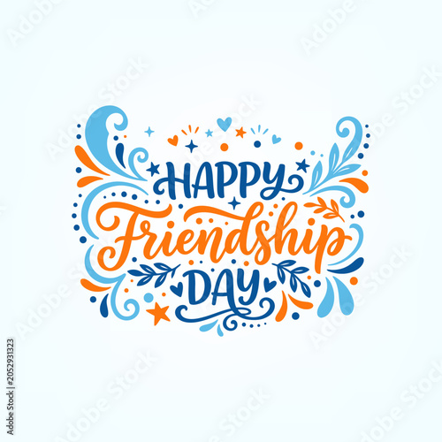 Fotografi Happy friendship day elaborate colorful typography with ornate swirls and leaves, a decorative vector illustration for festive celebrations