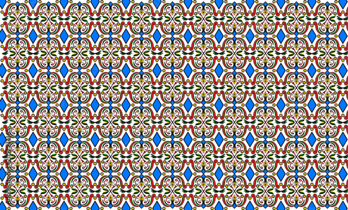 Traditional Geometric Floral Seamless Pattern with Ornamental Motifs and Blue Diamond Accents