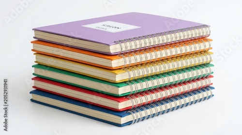 Stack of multi-colored spiral bound notebooks on a white surface with notebooks notebook stationery education supplies colorful business learning academic organized