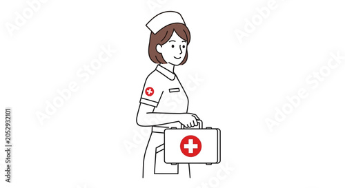 Quadro su tela Nurse with First Aid Kit - Medical Care and Healthcare Illustration