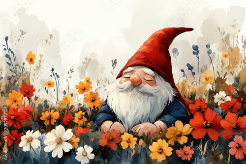 Blooming Meadow with a Gnome Enjoying the Morning Light