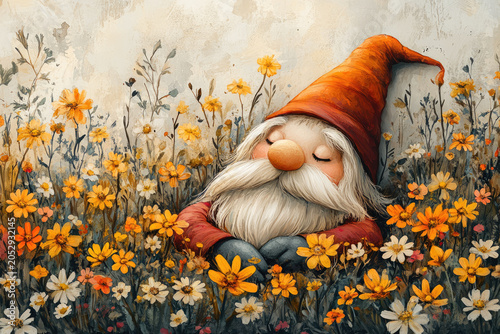 Blooming Meadow with a Gnome Enjoying the Morning Light